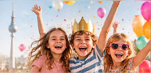 Kinder feiern gemeinsam Geburtstag vor der Berliner Skyline